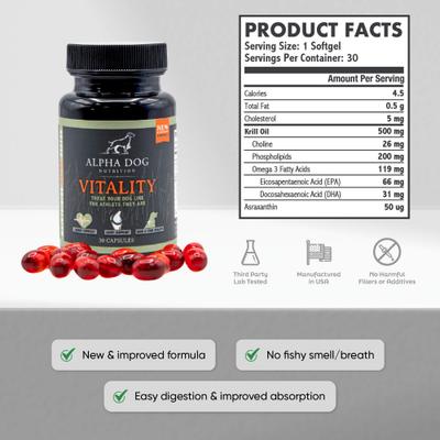 Show full view: Alpha Dog Nutrition Vitality Krill Oil Supplement for Dogs, 30 count slide 9 of 10
