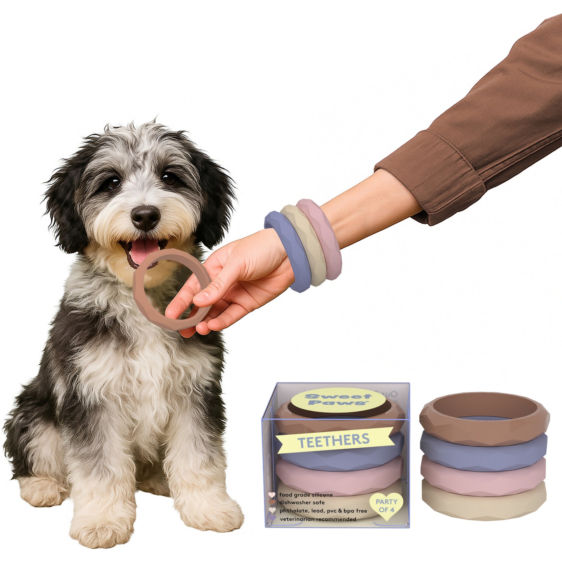 Sweet Paws Silicone Teether Stack Dog Chew Toy, Blush Pink, 4 count