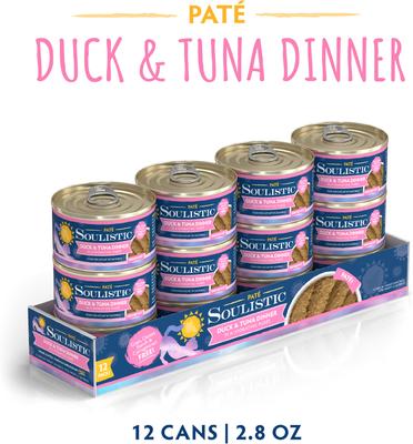 Show full view: Soulistic Paté Duck & Tuna Dinner in a Hydrating Purée Wet Cat Food, 2.8-oz can, case of 12 slide 3 of 11