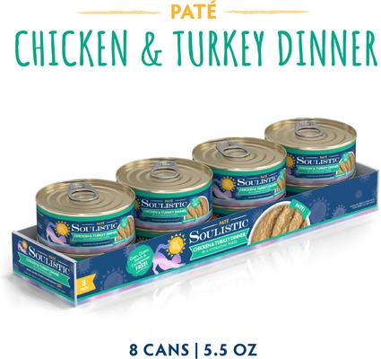 Show full view: Soulistic Paté Chicken & Turkey Dinner in a Hydrating Purée Wet Cat Food, 5.5-oz can, case of 8 slide 3 of 11