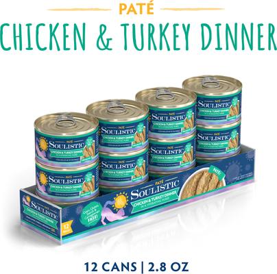 Show full view: Soulistic Paté Chicken & Turkey Dinner in a Hydrating Purée Wet Cat Food, 2.8-oz can, case of 12 slide 3 of 11