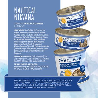 Show full view: Soulistic Originals Nautical Nirvana Tuna & Skipjack Dinner in Gravy Wet Cat Food, 3-oz can, case of 12 slide 5 of 11