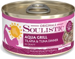 Soulistic Originals Aqua Grill Tilapia & Tuna Dinner in Gravy Wet Cat Food, 3-oz can, case of 12