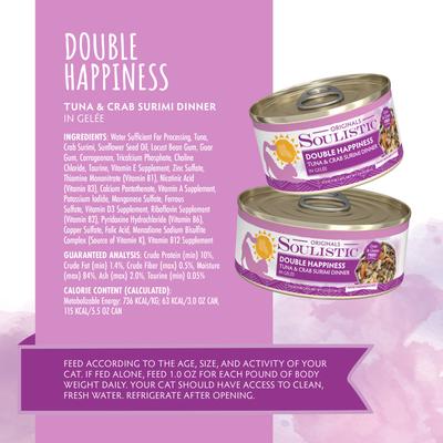 Show full view: Soulistic Originals Double Happiness Tuna & Crab Surimi Dinner in Gelée Wet Cat Food, 3-oz can, case of 12 slide 5 of 11