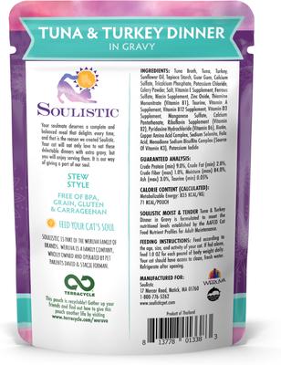 Show full view: Soulistic Moist & Tender Tuna & Turkey Dinner in Gravy Wet Cat Food, 3-oz pouch, case of 8 slide 4 of 12