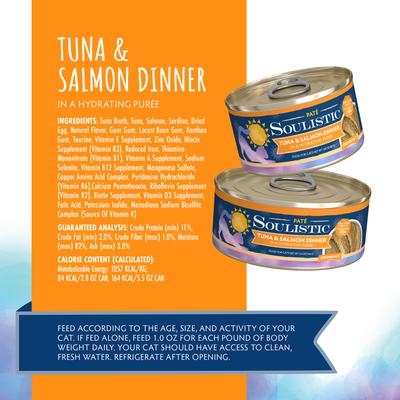 Show full view: Soulistic Paté Tuna & Salmon Dinner in a Hydrating Purée Wet Cat Food, 2.8-oz can, case of 12 slide 5 of 11