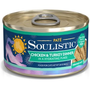 Soulistic Paté Chicken & Turkey Dinner in a Hydrating Purée Wet Cat Food, 2.8-oz can, case of 12