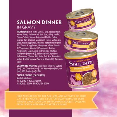 Show full view: Soulistic Moist & Tender Salmon Dinner in Gravy Wet Cat Food, 5.5-oz can, case of 8 slide 5 of 11