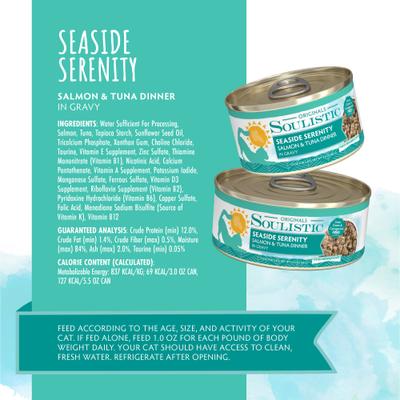 Show full view: Soulistic Originals Seaside Serenity Salmon & Tuna Dinner in Gravy Wet Cat Food, 5.5-oz can, case of 8 slide 5 of 11