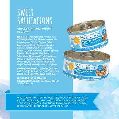 Show full view: Soulistic Originals Sweet Salutations Chicken & Tuna Dinner in Gravy Wet Cat Food, 5.5-oz can, case of 8 slide 5 of 10