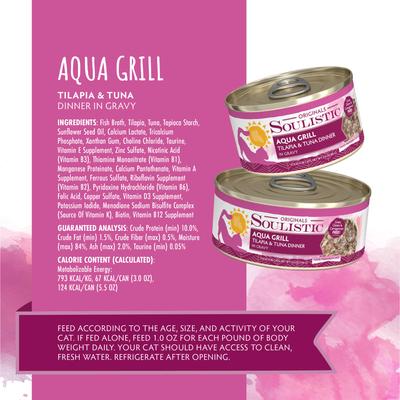 Show full view: Soulistic Originals Aqua Grill Tilapia & Tuna Dinner in Gravy Wet Cat Food, 3-oz can, case of 12 slide 5 of 11