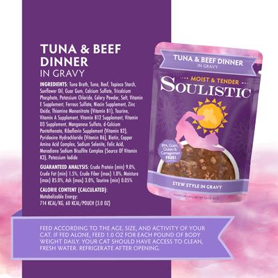 Show full view: Soulistic Moist & Tender Tuna & Beef Dinner in Gravy Wet Cat Food, 3-oz pouch, case of 8 slide 6 of 12
