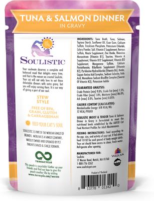 Show full view: Soulistic Moist & Tender Tuna & Salmon Dinner in Gravy Wet Cat Food, 3-oz pouch, case of 8 slide 4 of 12