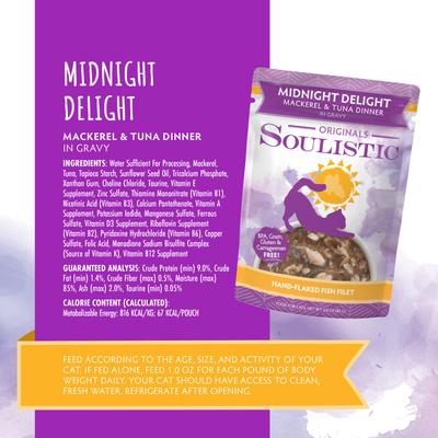 Show full view: Soulistic Originals Midnight Delight Mackerel & Tuna Dinner in Gravy Wet Cat Food, 3-oz pouch, case of 8 slide 6 of 12