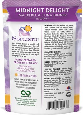 Show full view: Soulistic Originals Midnight Delight Mackerel & Tuna Dinner in Gravy Wet Cat Food, 3-oz pouch, case of 8 slide 4 of 12