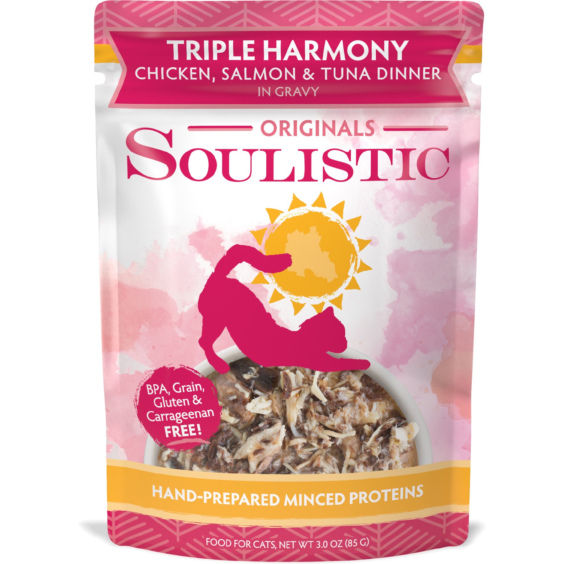Soulistic Originals Triple Harmony Chicken, Salmon, & Tuna Dinner in Gravy Wet Cat Food, 3-oz pouch, case of 8