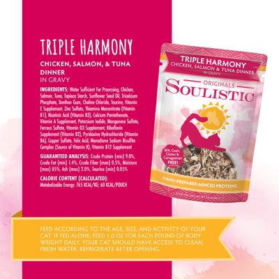Show full view: Soulistic Originals Triple Harmony Chicken, Salmon, & Tuna Dinner in Gravy Wet Cat Food, 3-oz pouch, case of 8 slide 6 of 12