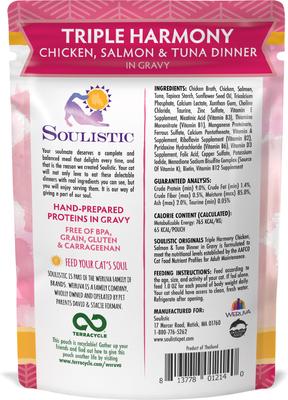 Show full view: Soulistic Originals Triple Harmony Chicken, Salmon, & Tuna Dinner in Gravy Wet Cat Food, 3-oz pouch, case of 8 slide 4 of 12