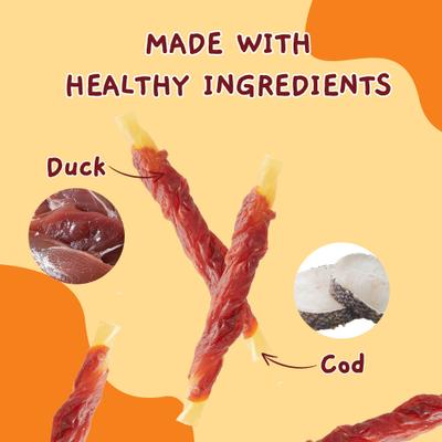 Show full view: Jungle Calling Rawhide-Free Duck Wrapped Cod Sticks Dog Treats, 10.6-oz bag slide 3 of 12