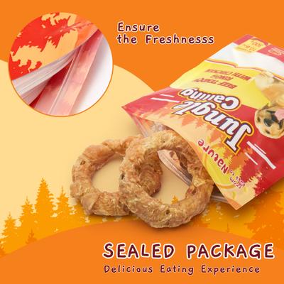 Show full view: Jungle Calling Chicken Wrapped Beef Tendon Ring Dog Chew, 10,6-oz bag slide 9 of 12