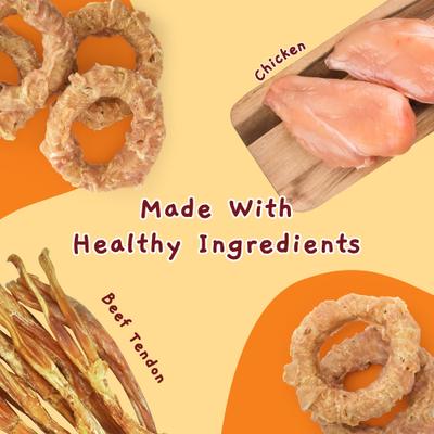 Show full view: Jungle Calling Chicken Wrapped Beef Tendon Ring Dog Chew, 10,6-oz bag slide 4 of 12