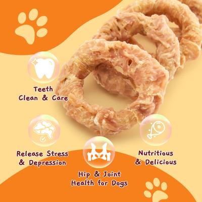 Show full view: Jungle Calling Chicken Wrapped Beef Tendon Ring Dog Chew, 10,6-oz bag slide 8 of 12