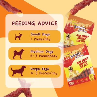 Show full view: Jungle Calling Rawhide-Free Duck Wrapped Cod Sticks Dog Treats, 10.6-oz bag slide 8 of 12