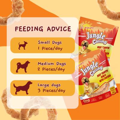 Show full view: Jungle Calling Chicken Wrapped Beef Tendon Ring Dog Chew, 10,6-oz bag slide 6 of 12