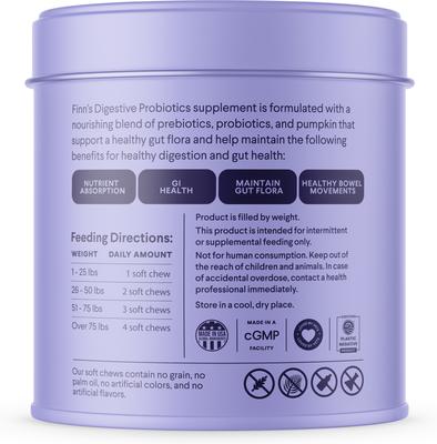 Show full view: Finn Digestive Prebiotic & Probiotic Peanut Butter Flavor Chew Supplement for Dogs, 90 count slide 3 of 10