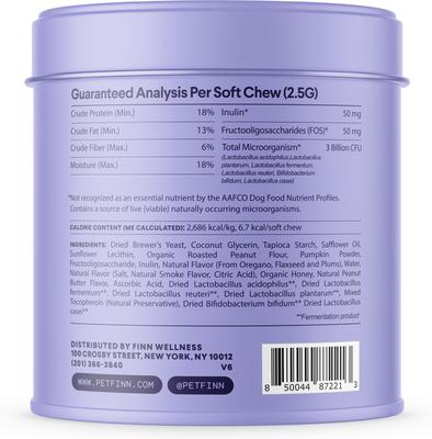 Show full view: Finn Digestive Prebiotic & Probiotic Peanut Butter Flavor Chew Supplement for Dogs, 90 count slide 4 of 10