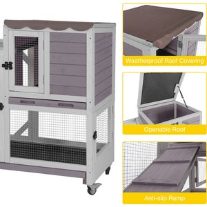 Aivituvin-AIR7013-G Premium 2-Story Wooden Rabbit Hutch with Casters & Pull-Out Tray, Gray, 39.3-L