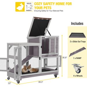 Aivituvin-AIR7013-G Premium 2-Story Wooden Rabbit Hutch with Casters & Pull-Out Tray, Gray, 39.3-L