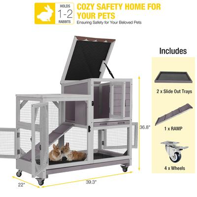 Show full view: Aivituvin-AIR7013-G Premium 2-Story Wooden Rabbit Hutch with Casters & Pull-Out Tray, Gray, 39.3-L slide 6 of 7