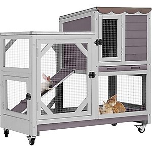 Aivituvin-AIR7013-G Premium 2-Story Wooden Rabbit Hutch with Casters & Pull-Out Tray, Gray, 39.3-L