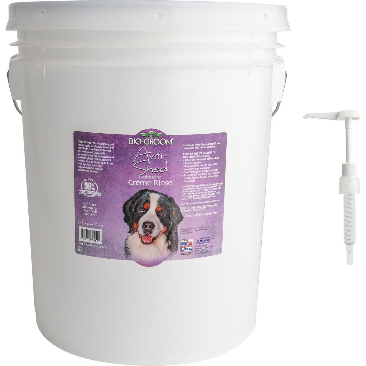 Bio-Groom Anti-Shed Deshedding Crème Rinse Dog Conditioner, 5-gal bottle + Plastic Dispensing 5-gal Shampoo Pump