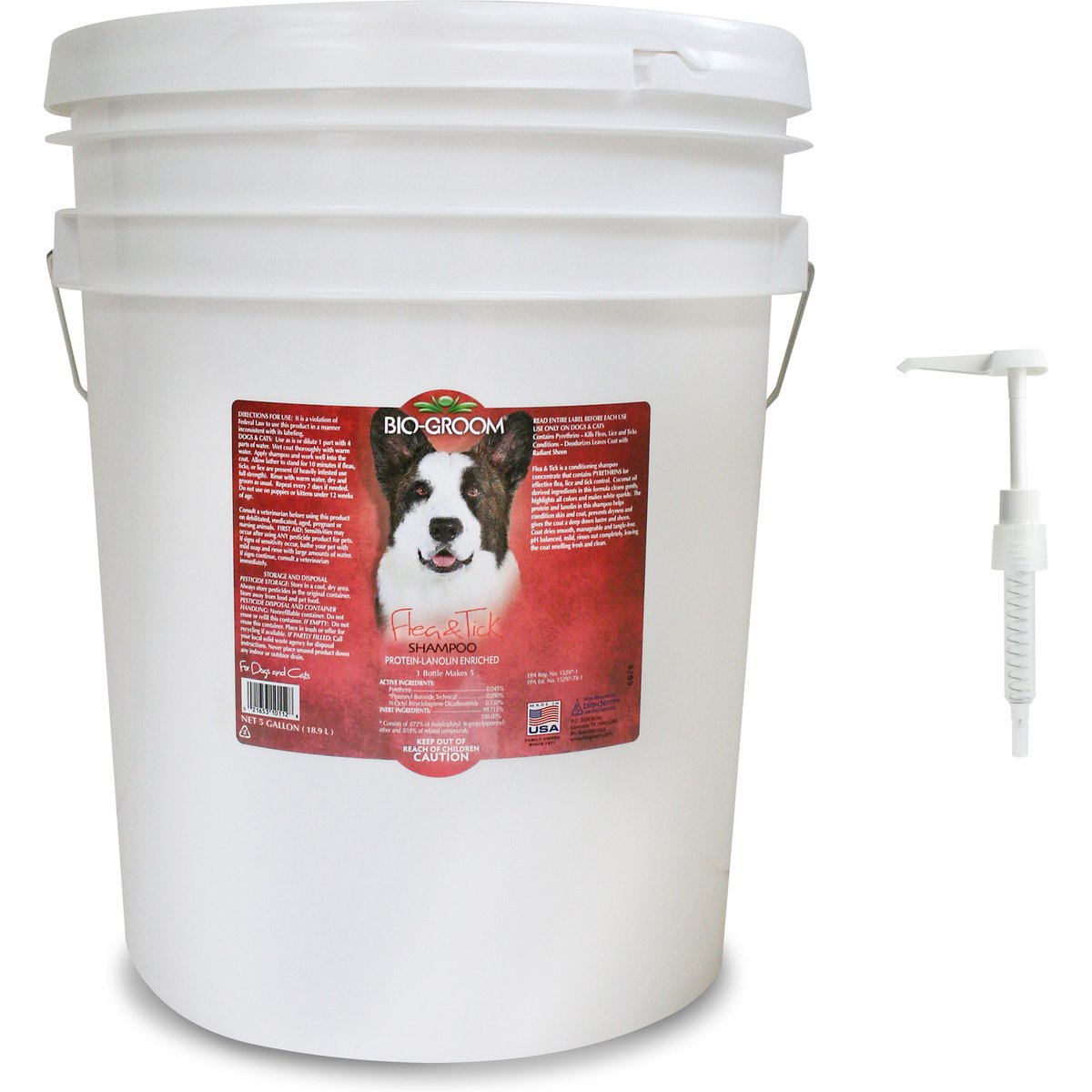 Bio-Groom Flea & Tick Dog Shampoo, 5-gal pail + Plastic Dispensing 5-gal Shampoo Pump