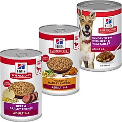 Variety Pack - Hill's Science Diet Chicken & Barley Entree Canned Dog Food, Beef & Barley & Beef & Vegetables Flavors