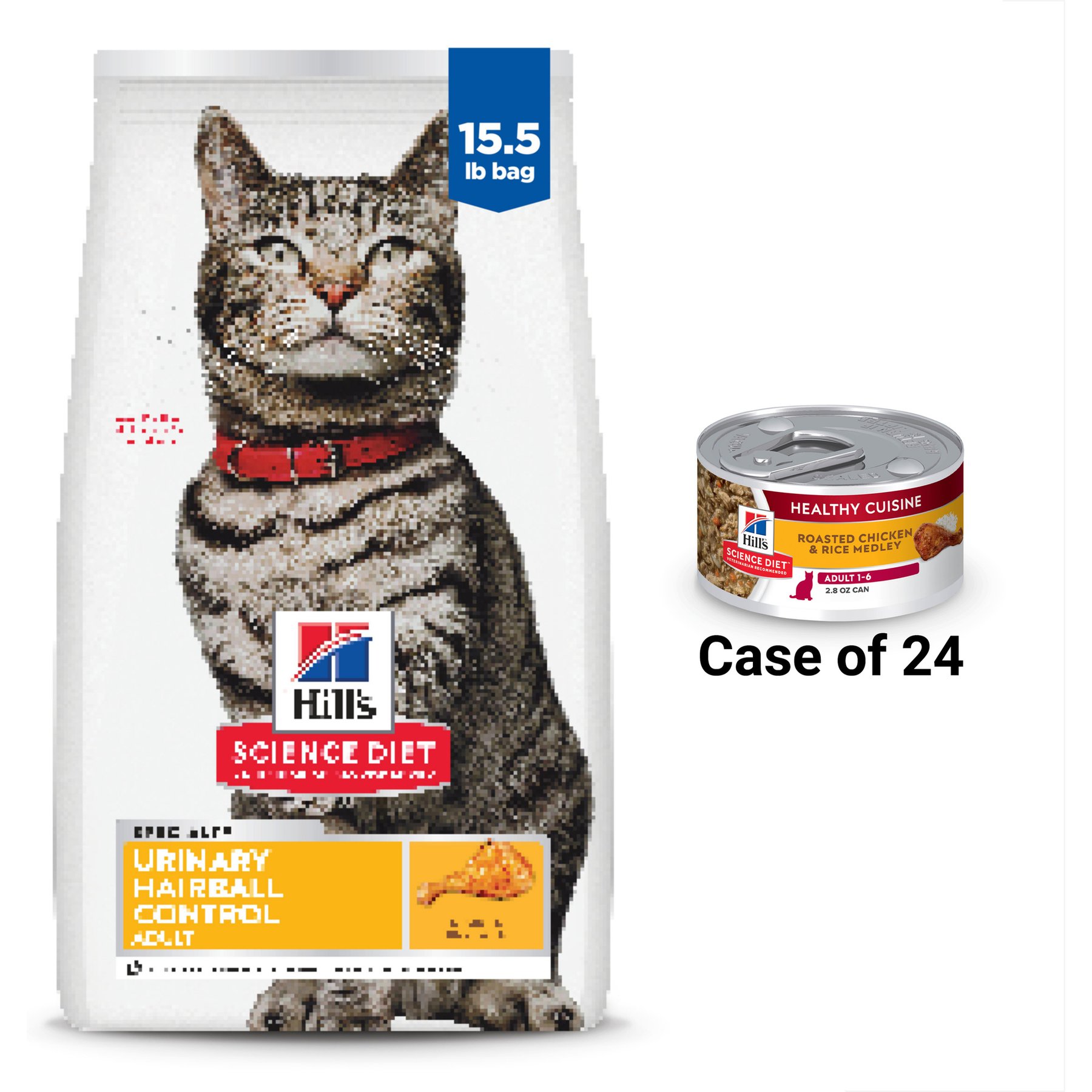 Hill's Science Diet Adult Urinary Hairball Control Dry Cat Food, 15.5-lb bag + Hill's Science Diet Adult Healthy Cuisine Roasted Chicken & Rice Medley Canned Cat Food, 2.8-oz, case of 26