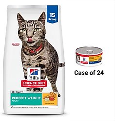 Hill's Science Diet Adult Perfect Weight Chicken Recipe Dry Cat Food, 15-lb bag + Hill's Science Diet Adult 7+ Savory Chicken Entree Canned Cat Food, 5.5-oz, case of 26