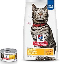 Hill's Science Diet Adult Urinary Hairball Control Savory Chicken Entree Canned Food + Adult Urinary Hairball Control Dry Cat Food, 15.5-lb bag