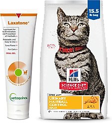 Vetoquinol Laxatone Lubricant for Hairballs Tuna Flavored Cat Oral Gel, 4.25-oz tube & Hill's Science Diet Adult Urinary Hairball Control Dry Cat Food, 15.5-lb bag