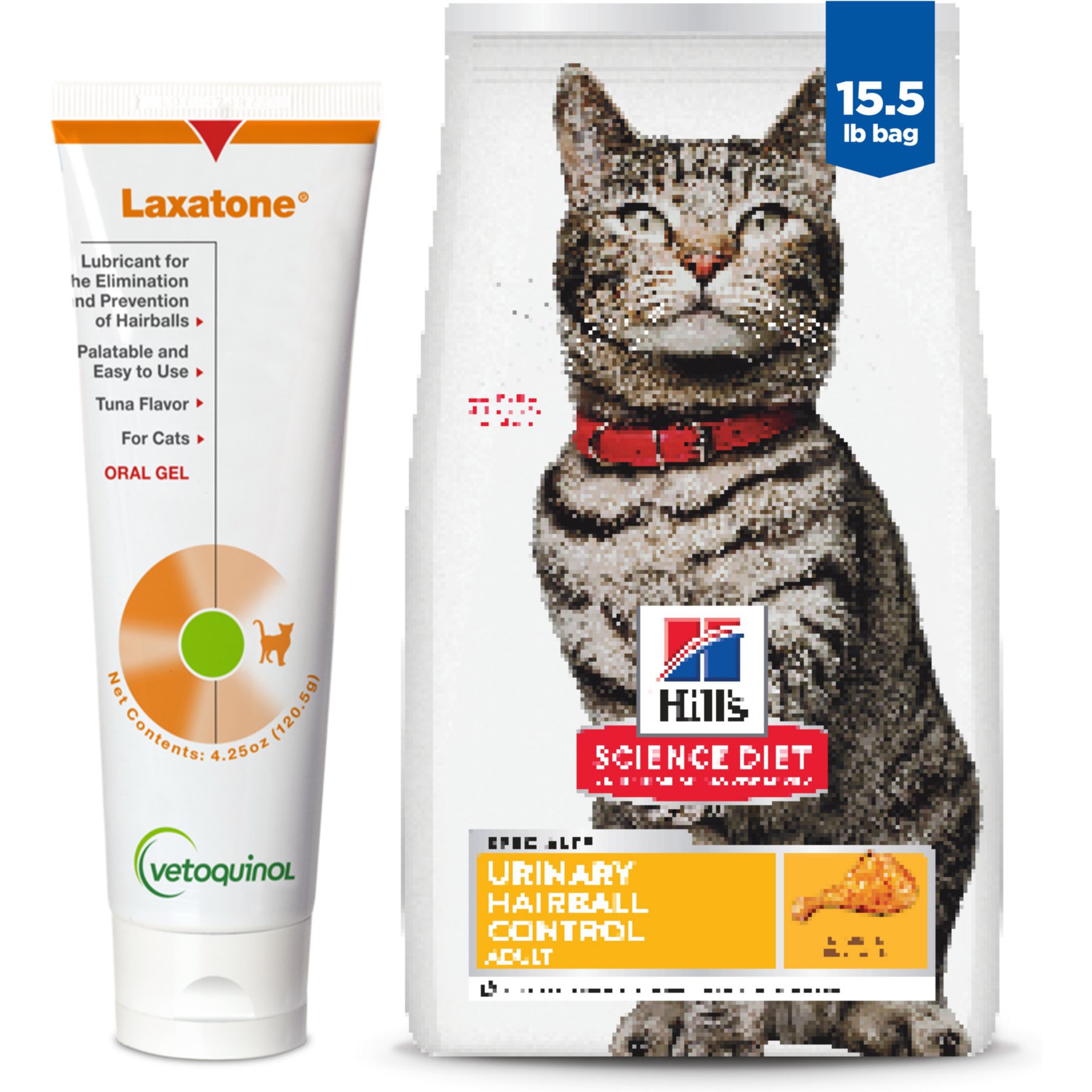 Vetoquinol Laxatone Lubricant for Hairballs Tuna Flavored Cat Oral Gel, 4.25-oz tube & Hill's Science Diet Adult Urinary Hairball Control Dry Cat Food, 15.5-lb bag