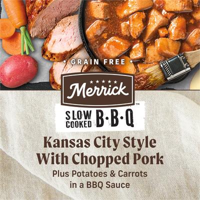 Show full view: Merrick Grain-Free Wet Dog Food Slow-Cooked BBQ Kansas City Style with Chopped Pork, 12.7-oz can, case of 12 slide 5 of 12