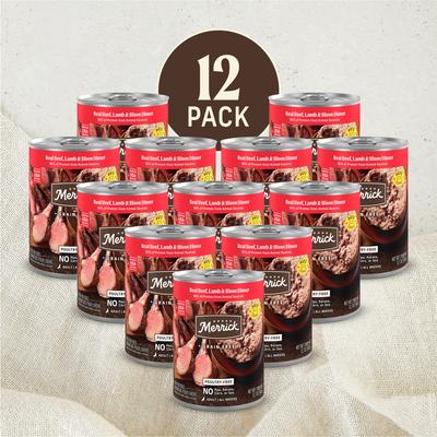 Show full view: Merrick Adult Grain-Free Beef, Lamb & Bison Pate Canned Dog Food, 12.7-oz can, case of 12 slide 3 of 11
