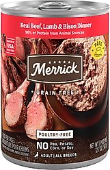 Merrick Adult Grain-Free Beef, Lamb & Bison Pate Canned Dog Food, 12.7-oz can, case of 12