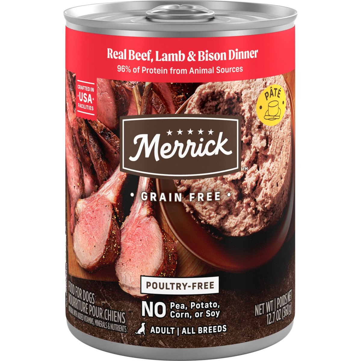 Merrick Adult Grain-Free Beef, Lamb & Bison Pate Canned Dog Food, 12.7-oz can, case of 12