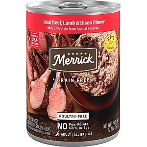 Merrick Adult Grain-Free Beef, Lamb & Bison Pate Canned Dog Food, 12.7-oz can, case of 12