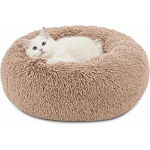 Bedsure Calming Fluffy Plush Faux Fur Orthopedic Anti-Slip Donut Dog & Cat Bed, Camel, X-Small