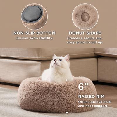 Show full view: Bedsure Calming Fluffy Plush Faux Fur Orthopedic Anti-Slip Donut Dog & Cat Bed, Camel, X-Small slide 3 of 9