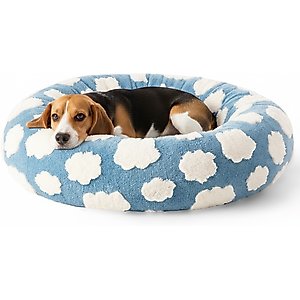 Lesure Calming Cute Modern Plush Jacquard Shaggy Orthopedic Anti-Slip Donut Dog & Cat Bed with Removable Cover, Blue, Medium